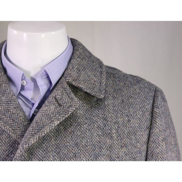 Aquascutum 1980's Blue-Gray Herringbone Tweed Heavy Full Length Overcoat 42R - Picture 4 of 9